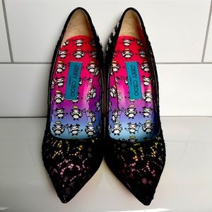 Authentic Jimmy Choo leather/lace 5” heel pumps